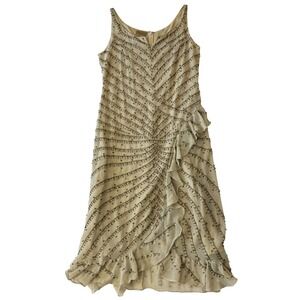 Midnight Velvet Beaded Sequin Ruffle Midi Dress Champagne Beige Size S Cocktail